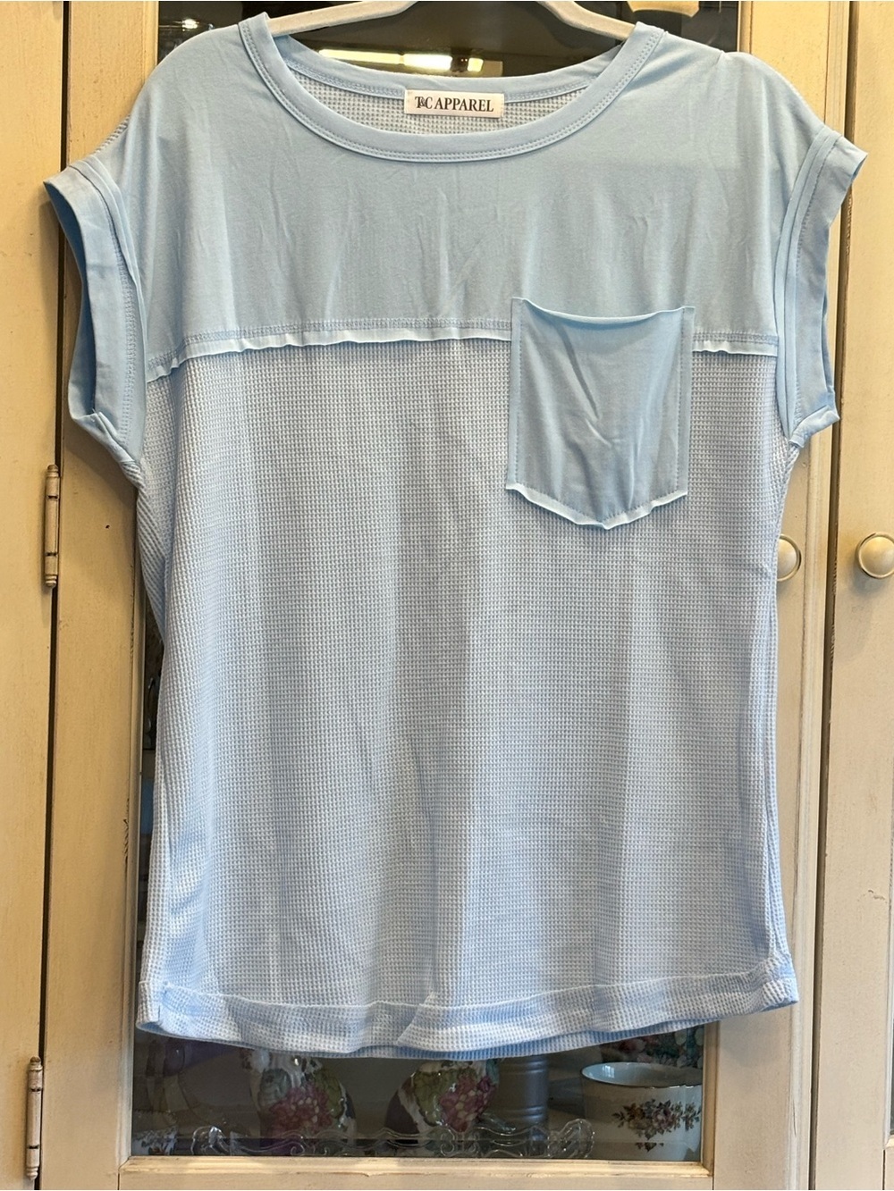 Raw Hem Light Blue T&C Apparel Short Sleeve Pocket Top Size M